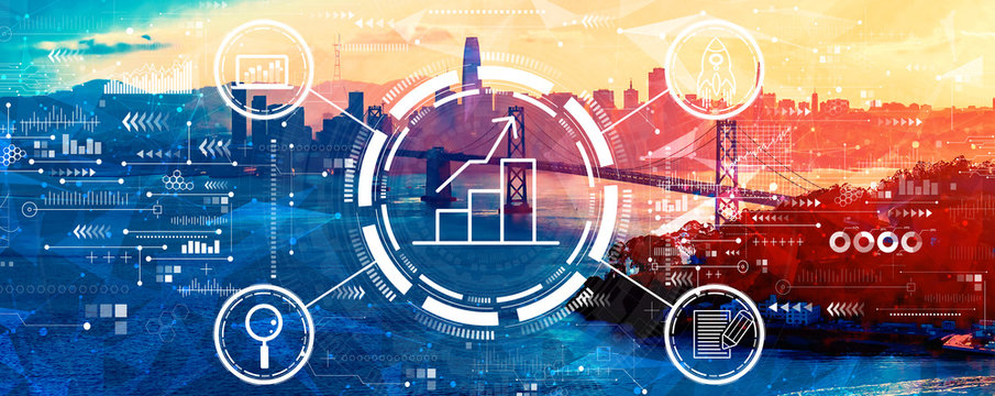 Business growth analysis with aerial view of the Bay Bridge in San Francisco - Powered by Adobe