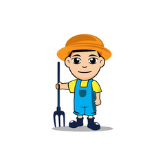 Kid farmer cartoon vector illustration, kids with straw hat and fork mascot logo design