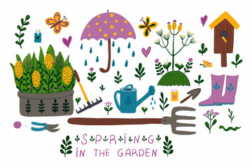 Elements of gardening: pitchfork, rake, garden secateur, shovel, seeds, plants, rubber boots, flower bed, birdhouse, umbrella. A set of garden tools. Digital illustration