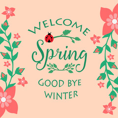 The elegant of leaf and red flower frame, for welcome spring greeting card template design. Vector