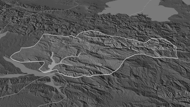 Siirt, province with its capital, zoomed and extruded on the bilevel map of Turkey in the conformal Stereographic projection. Animation 3D