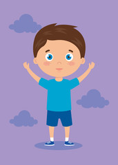 cute little boy with hands up and clouds