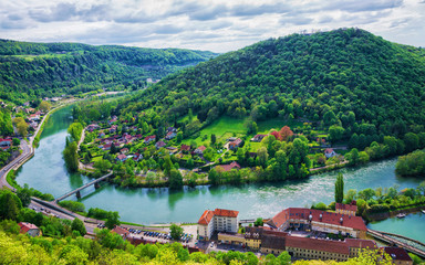 Fototapeta na wymiar Aerial view to the old city from the citadel in Besancon of Bourgogne Franche Comte region in France.