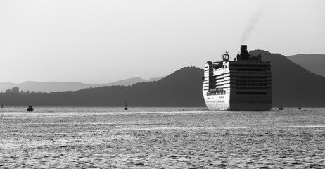 A cruise ship departing from the port of Santos.