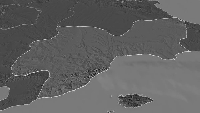 Tekirdag, province with its capital, zoomed and extruded on the bilevel map of Turkey in the conformal Stereographic projection. Animation 3D