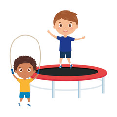 Fototapeta premium cute little boys with trampoline jump and rope jump