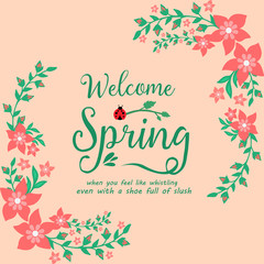 Greeting card welcome spring Design, with ornate simple of leaf and red flower. Vector