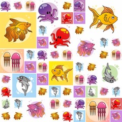 The Amazing of Cute Fish, Octopus, Jellyfish, Dolphin Illustration, Cartoon Funny Character, Background