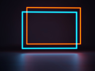 Futuristic Sci-Fi Neon Light Shapes in dark room With Empty Space For Text ,3D  Illustration