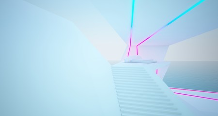 Abstract architectural white interior of a modern villa on the sea with colored neon lighting. 3D illustration and rendering.