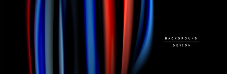 Silk and smooth flow wave poster design. Color waves, liquid style lines and shapes in black color background