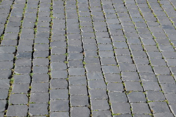 A typical Italian pavement: Sampietrini (or Sanpietrini). Black and white.