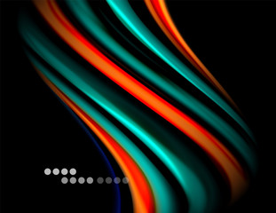 Silk smooth lines on black, liquid fluid color waves. Vector Illustration