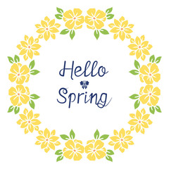 Elegant yellow wreath frame and vintage leaf pattern, for seamless hello spring invitation card design. Vector