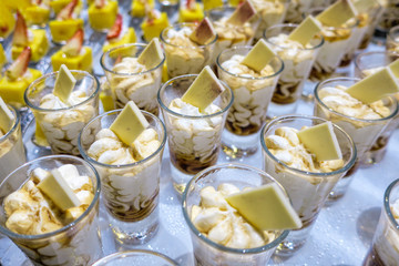 Various buffet cakes in a restaurant for dinner. Food concept.