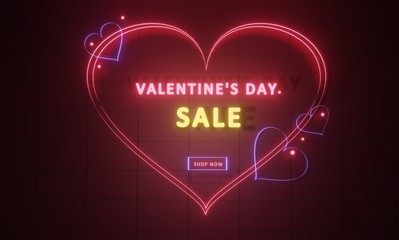 Valentines day  background with neon light heart pattern.3d rendering