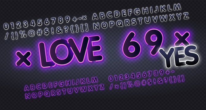 Sex shop LOVE 69, English alphabet and numbers neon signs collection. Neon sign, night bright advertisement, colorful signboard, light banner. Vector illustration in neon style.