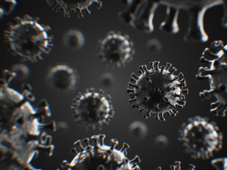 Novel coronavirus 2019 covid-19 (2019-nCoV) or flu virus infection. Microscopic view of floating virus cells for medical concept, black and white 3d rendering background.