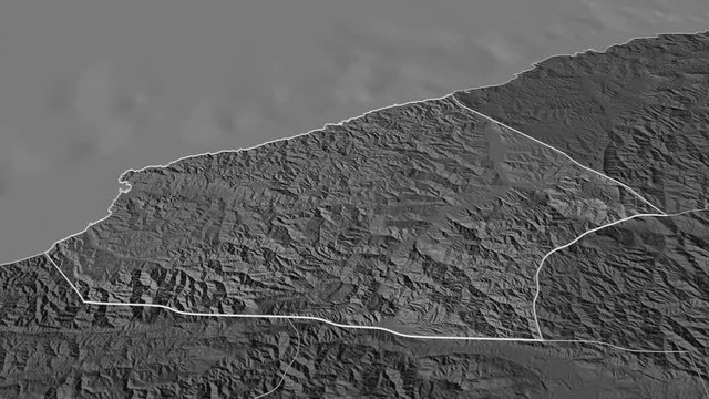 Zonguldak, province with its capital, zoomed and extruded on the bilevel map of Turkey in the conformal Stereographic projection. Animation 3D