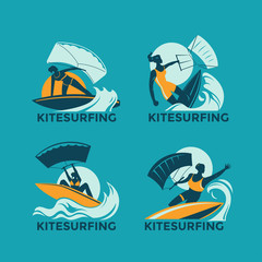 Set of Extreme Sport Kitesurfing or Kite Boarding Vector Illustration