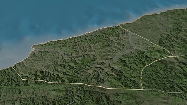 Zonguldak, province with its capital, zoomed and extruded on the satellite map of Turkey in the conformal Stereographic projection. Animation 3D