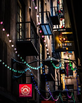 Melbourne, Victoria, Australia, December 21st 2019: Centre Place laneway in the city centre of Melbourne was multi colored string lights installed for the christmas season.
