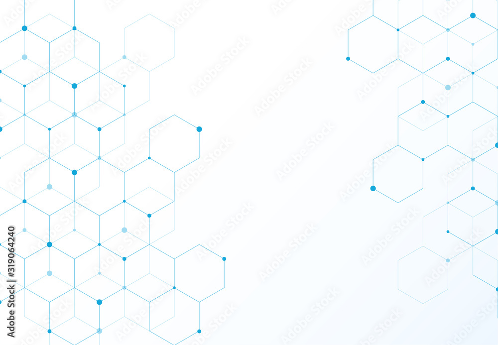 Poster abstract hexagonal molecular structures in technology background and science style. medical design. 