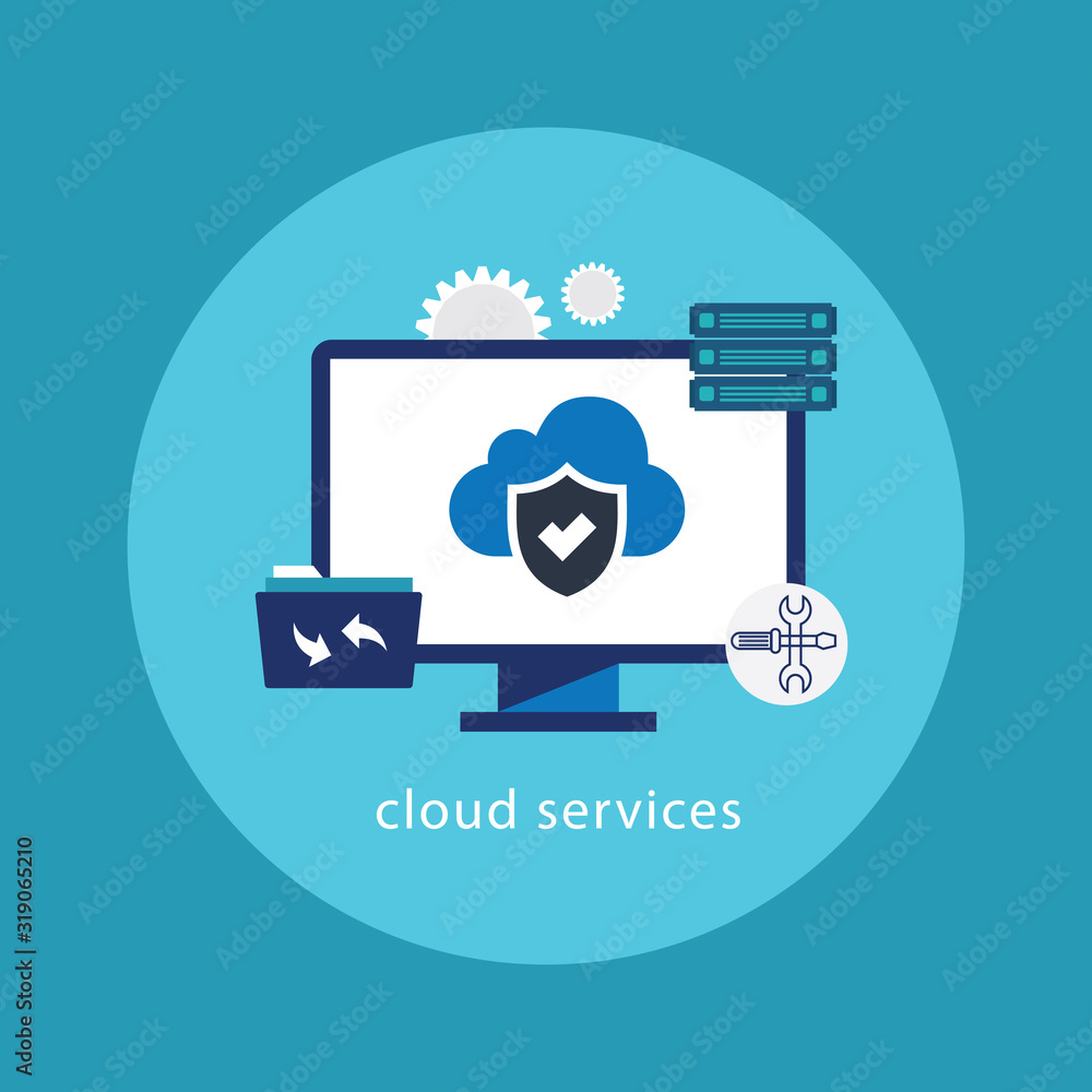 Poster modern cloud services and cloud computing elements concept. devices connected to the cloud with gear