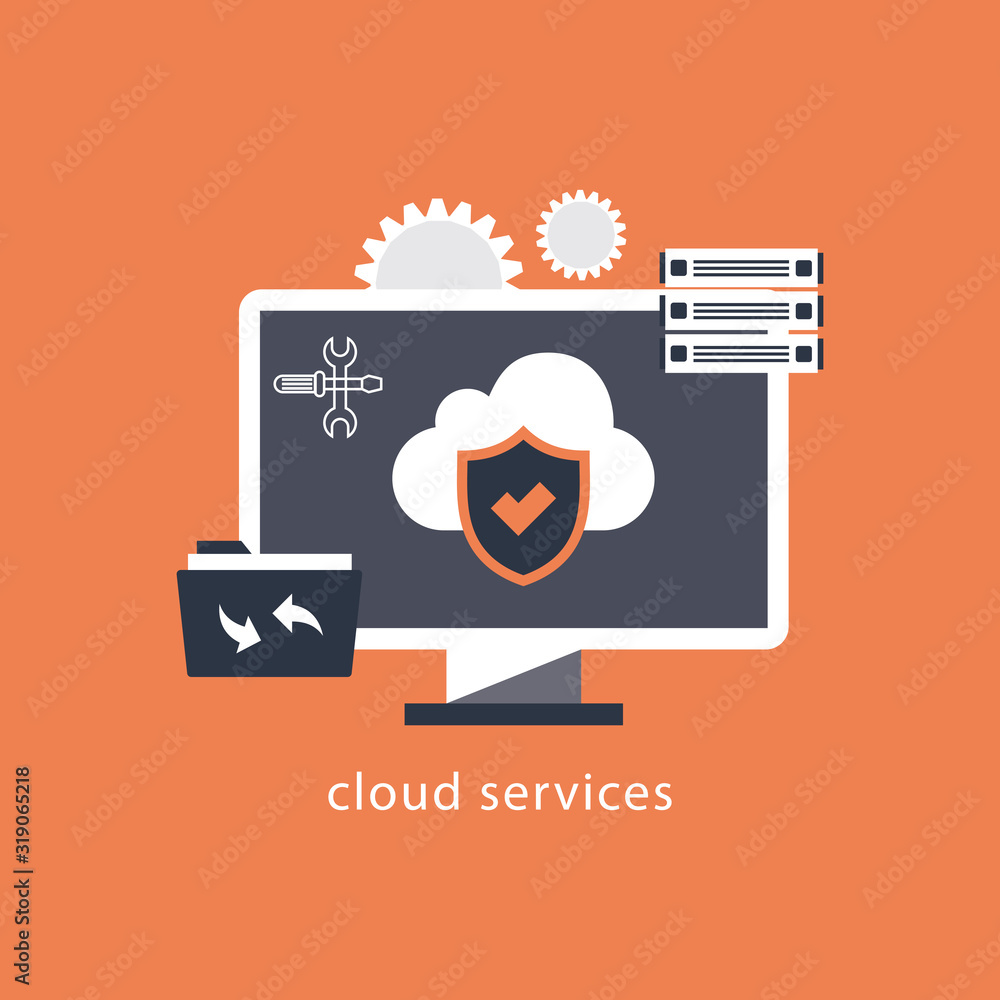 Poster modern cloud services and cloud computing elements concept. devices connected to the cloud with gear
