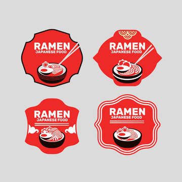 Set of Japanese noodles or Ramen logo, badges, banners, labels, emblem for asian food restaurant - Vector illustration