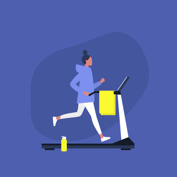 Young female character running on a treadmill in the gym, Sport and Active lifestyle