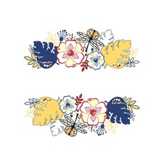 Frame of flowers, leaves and twigs. Flower arrangement for invitation design. Summer style for a wedding invitation. Flowers, plants and dragonflies on a white background.