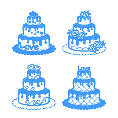 Set of decorative wedding cakes on a white background. Vector image. Decorative elements for festive design, wedding, holiday greeting card, wedding pastry shop