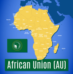Schematic vector map and flag of the African Union (AU)