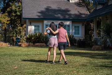 Happy asian lesbian couple enjoying their new home after marry.  LGBTQ lifestyle concept.