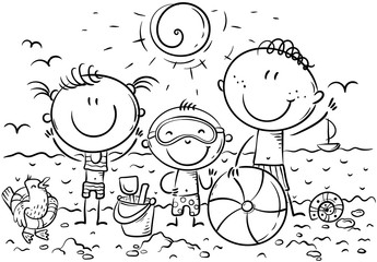 Happy kids at the seaside, outline, vector illustration