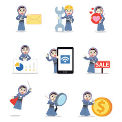 Set of character woman kendo wearing a mask while coaching her students.