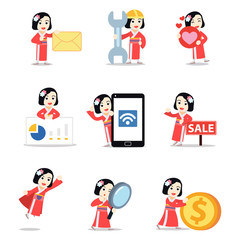 Set of character woman in Japanese kimono traditional costume.