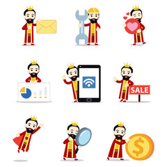 Set of character male perform as a medieval king.