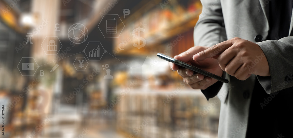 Poster man use digital phone typing on phone tablet smartphone searching browsing internet internet of thin