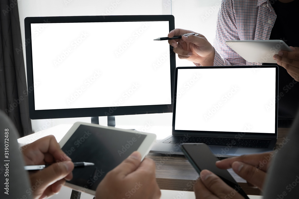 Poster man of business man hand working on laptop computer on wooden desk laptop with blank screen on table