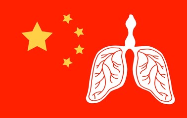 Lungs on the red background of Chinese symbolism, the epidemic of coronavirus pneumonia in China. Vector graphics for articles, news, banner. 2020 Chinese New Year and scary disease news