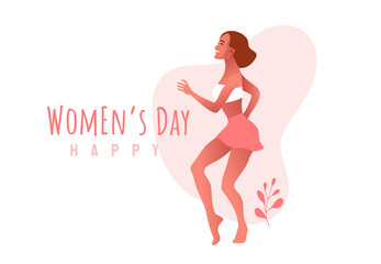 International Women s Day. 8 March. Happy sexy girl in oink dress dancing in the street. Vector template with beautiful woman for card, poster or flyer.