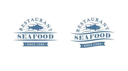 Set of color seafood restaurant logos. Vector illustration fish, waves and text on a white background. Color illustration advertising a restaurant and seafood