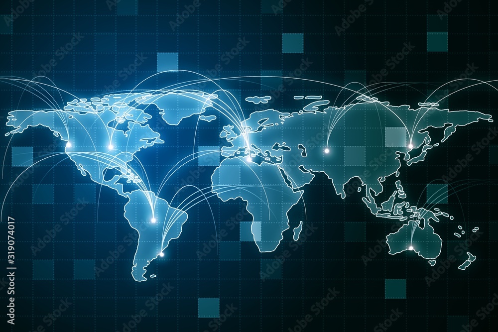 Aufkleber digital world map with connections. big data and technology concept. 3d rendering