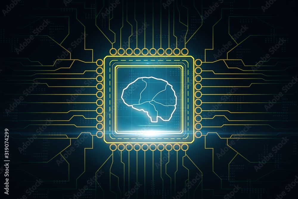 Poster computer processor with a silhouette of human brain. artificial intelligence and machine learning co
