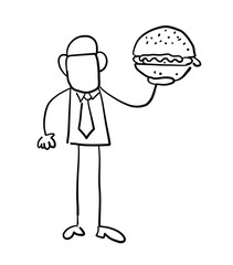 Quick hand drawn faceless businessman character holding hamburger fast food.