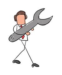 Quick hand drawn faceless businessman character walking and holding spanner.