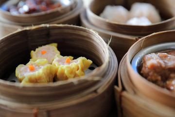 Dim sum , Steam Dumpling in wood basket Chinese food