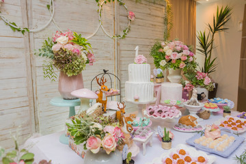 Details of luxurious table of sweets and birthday cake